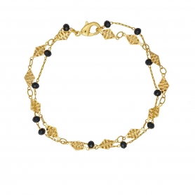 Βραχιόλι διπλό Excite fashion Jewellery από  ατσάλι με επίχρυση αλυσίδα και ροζάριο με μαύρες χάντρες. B-1186-01-06-5