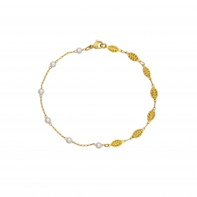 Χειροποίητο βραχιόλι Excite Fashion Jewellery απο ατσάλι με επίχρυση αλυσίδα και ροζάριο με λευκές περλίτσες .B-1523-01-17-39