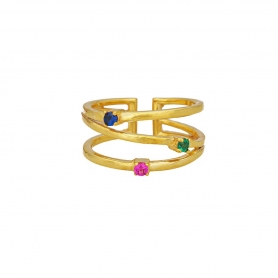 Τριπλό δαχτυλίδι Excite Fashion Jewellery με χρωματιστά ζιργκόν από επιχρυσωμένο ασήμι 925. D-18-MYLTI-G-115