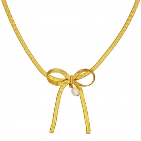 Κολιέ Excite Fashion Jewellery φιόγκος με κρεμαστή πέρλα από επίχρυσο ανοξείδωτο ατσάλι. N-65-69G