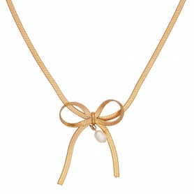 Κολιέ Excite Fashion Jewellery φιόγκος με κρεμαστή πέρλα από ροζ χρυσό ανοξείδωτο ατσάλι N-65-69RG