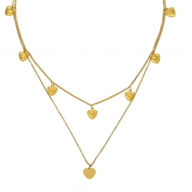 Επίχρυσο διπλό κολιέ Excite fashion Jewellery με αλυσίδες και κρεμαστές καρδούλες απο ανοξείδωτο ατσάλι. N-75-72G