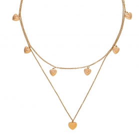 Κολιέ Excite Fashion Jewellery  διπλό, ροζ χρυσό με αλυσίδες και κρεμαστές καρδούλες απο ανοξείδωτο ατσάλι. N-75-72RG