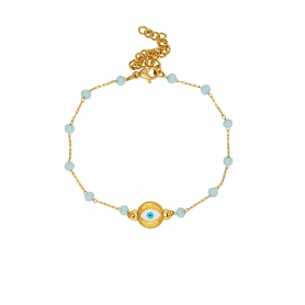 Βραχιόλι Excite fashion Jewellery ροζάριο με γαλάζιες πέτρες, επίχρυσο ματάκι και αλυσίδα  από ατσάλι. B-1610-01-30-47