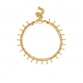 Βραχιόλι διπλό Excite Fashion Jewellery από ατσάλι με ροζ ροζάριο  και επίχρυση  αλυσίδα με μπάρες B-1618-01-11-5