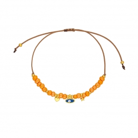 Βραχιόλι μακραμέ Excite fashion Jewellery με πορτοκαλί πέτρες, ματάκι και μεταλλικά στοιχεία αστεράκι και καρδούλα B-1625-01-22-5
