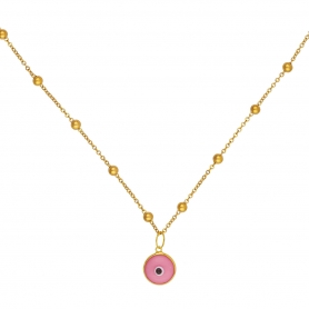 Κολιέ Excite fashion jewellery με ροζ ματάκι και αλυσίδα από επιχρυσωμένο ατσάλι με μπίλιες.  K-1600-01-11-59