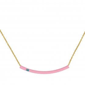 Κολιέ Excite fashion jewellery ροζ μπάρα με ματάκι και λεπτή ατσάλινη επίχρυση αλυσίδα. K-1610-01-11-49