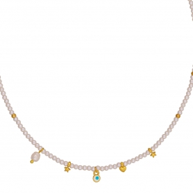 Κολιέ Excite fashion jewellery με πέρλες, ματάκι, και κρεμαστά  στοιχεία. K-1629-01-17-49