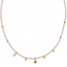 Κολιέ Excite fashion jewellery με πέρλες, μπλέ ματάκι, και κρεμαστά  στοιχεία. K-1629-01-21-49