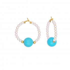 Σκουλαρίκια Excite fashion jewellery ατσάλινοι κρίκοι με πέρλες και τυρκουάζ χάντρα. S-1604-01-07-5