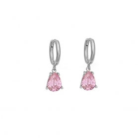 Σκουλαρίκια κρικάκια Excite Fashion Jewellery  με κρεμαστό μοτίφ και ροζ ζιργκόν από επιπλατινωμένο ασήμι 925. S-42-ROZ-S-135