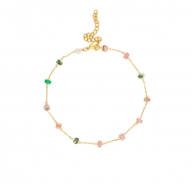 Βραχιόλι ποδιού της Excite fashion jewellery φτιαγμένο με  επίχρυση αλυσίδα ατσάλι,  με πέτρα ροδέλα πράσινο, ροζ, μπεζ, λευκή.  BP-1605-01-05-49