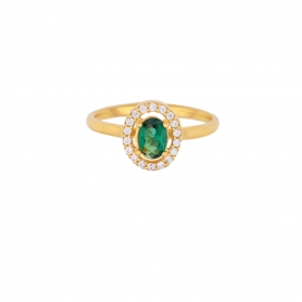 Μονόπετρο δαχτυλίδι Excite Fashion Jewellery, ροζέτα με πράσινο και λευκά ζιργκόν από επιχρυσωμένο ασήμι 925.  D-55-PRAS-G-105