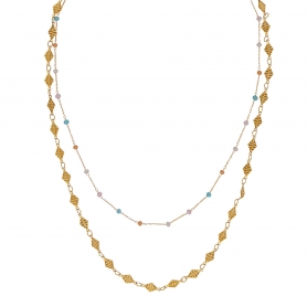Κολιέ Excite Fashion Jewellery δίσειρο από πολύχρωμο ροζάριο και επιχρυσωμένη ατσάλινη αλυσίδα. K-1153-01-70-79