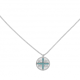 Κολιέ Excite Fashion Jewellery Κωνσταντινάτο με τυρκουάζ ζιργκόν στο σταυρό, από επιπλατινωμένο ασήμι 925.  K-50-TYR-S-12