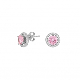 Σκουλαρίκια καρφωτά Excite Fashion Jewellery, ροζέτα,  με ροζ και λευκά ζιργκόν, από επιπλατινωμένο ασήμι 925.  S-100-ROZ-S-115
