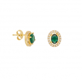 Σκουλαρίκια καρφωτά Excite Fashion Jewellery, ροζέτα, με πράσινα  και  λευκά ζιργκόν, από επιχρυσωμένο  ασήμι 925. S-101-PRAS-G-115