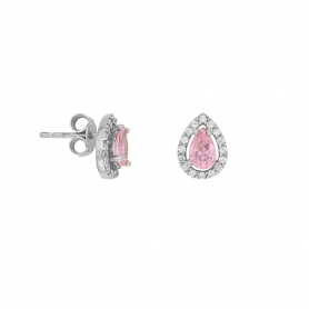 Σκουλαρίκια καρφωτά Excite Fashion Jewellery, ροζέτα, σχέδιο σταγόνα, με ροζ και λευκά ζιργκόν, από επιπλατινωμένο ασήμι 925.  S-99-ROZ-S-11