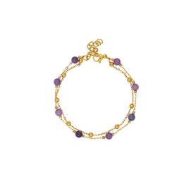 Διπλό βραχιόλι Excite  Fashion Jewellery, αλυσίδα dots, ροζάριο με μωβ γυάλινες πέτρες από ανοξείδωτο επιχρυσωμένο ατσάλι. B-1705-01-24-5
