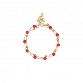 Διπλό βραχιόλι Excite Fashion Jewellery, αλυσίδα dots, ροζάριο με μπορντώ γυάλινες πέτρες από ανοξείδωτο επιχρυσωμένο ατσάλι. B-1705-01-32-5