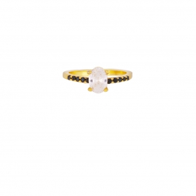 Μονόπετρο δαχτυλίδι Excite Fashion Jewellery, με οβάλ λευκό  & μαύρα ζιργκόν από επιχρυσωμένο ασήμι 925. D-66-AS-M-G-89
