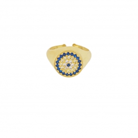 Δαχτυλίδι  σεβαλιέ Excite Fashion Jewellery,  μάτι-στόχος με λευκά και μπλέ  ζιργκόν,  από επιχρυσωμένο ασήμι 925. D-73-01-14