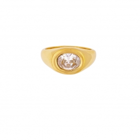 Δαχτυλίδι Excite Fashion Jewellery με πομπέ, λευκή, οβάλ , πετρα, από ανοξείδωτο επιχρυσωμένο ατσάλι.  R-YH1060A-WHITE-G-75