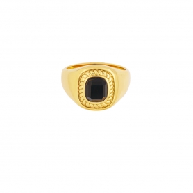 Δαχτυλίδι Excite Fashion Jewellery με μαύρη τετράγωνη πετρα, ανάγλυφη ροζέτα από ανοξείδωτο επιχρυσωμένο ατσάλι.  R-YH1267A-BLACK-G-75