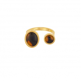 Εντυπωσιακό δαχτυλίδι Excite Fashion Jewellery με οβάλ πέτρα μάτι της τίγρης και μικρότερη στρογγυλή, από ανοξείδωτο επιχρυσωμένο ατσάλι. R-YH659A-G-79