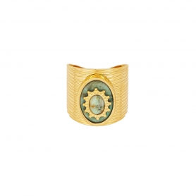Δαχτυλίδι Excite Fashion Jewellery με ανάγλυφη γάμπα, σμάλτο και πράσινη πέτρα, από επιχρυσωμένο ανοξείδωτο ατσάλι. R-YH795A-G-GREEN-69