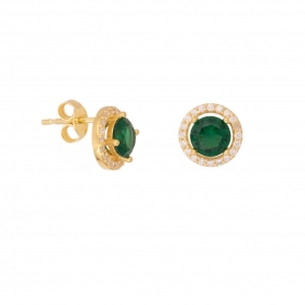 Σκουλαρίκια καρφωτά Excite Fashion Jewellery, ροζέτα,  με πράσινο και  λευκά ζιργκόν, από επιχρυσωμένο ασήμι 925. S-100-PRAS-G-115