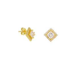Σκουλαρίκια Excite Fashion Jewellery τετράγωνη ροζέτα με λευκά ζιργκόν από επιχρυσωμένο ασήμι 925. S-102-AS-G-115