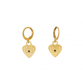 Κρικάκια Excite Fashion Jewellery, με κρεμαστό μοτίφ καρδιά στολισμένη με ματάκι και μαύρο κρυσταλλάκι από ανοξείδωτο επιχρυσωμένο ασήμι. S-1705-01-06-77