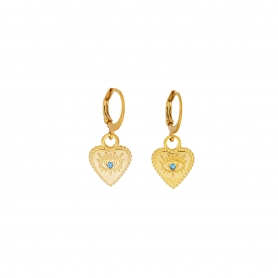 Κρικάκια Excite Fashion Jewellery, με κρεμαστό μοτίφ καρδιά στολισμένη με ματάκι και γαλάζιο κρυσταλλάκι από ανοξείδωτο επιχρυσωμένο ασήμι. S-1705-01-14-77