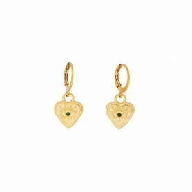 Κρικάκια Excite Fashion Jewellery, με κρεμαστό μοτίφ καρδιά στολισμένη με ματάκι και πράσινο κρυσταλλάκι από ανοξείδωτο επιχρυσωμένο ασήμι. S-1705-01-18-77