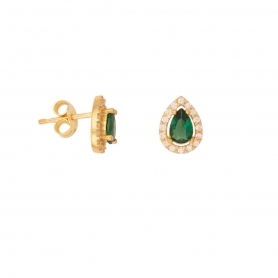 Σκουλαρίκια καρφωτά Excite Fashion Jewellery, ροζέτα, σχέδιο σταγόνα, με πράσινο και λευκά ζιργκόν, από επιχρυσωμένο ασήμι 925.  S-99-PRAS-G-11