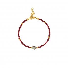 Βραχιόλι της Excite Fashion Jewellery,  το χέρι της Φατιμα  με μπορντώ πέτρες  από επιχρυσωμένο ανοξείδωτο ατσάλι.  B-1711-01-26-77