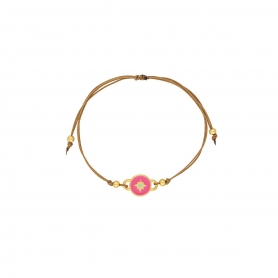 Βραχιόλι  μακραμέ Excite Fashion Jewellery, χρυσό αστεράκι με ροζ σμάλτο,  τυρκουάζ πέτρα, καφέ κορδόνι και μεταλλικές χάντρες. B-1717-01-32-35