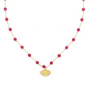 Κολιέ Excιte Fashion Jewellery,  ροζάριο με  γυάλινες  πέτρες και μοτίφ ματάκι με κρυσταλλάκια  από ανοξείδωτο επιχρυσωμένο ατσάλι. K-1707-01-32-99